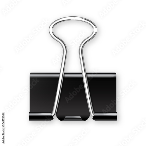 Black realistic paper binder isolated on white background. Paper clip, holder. Design mockup. Vector illustration.