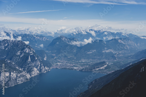 View of Riva del garda village in lake Garda from top of Monte Baldo in Italy