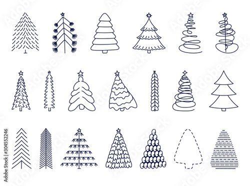 Doodle christmas tree. Winter holiday hand drawn elements. Retro xmas trees and happy new year sketch graphic vector isolated set