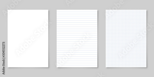 Realistic blank lined paper sheet with shadow in A4 format isolated on gray background collection. Notebook or book page. Design template or mockup. Vector illustration.