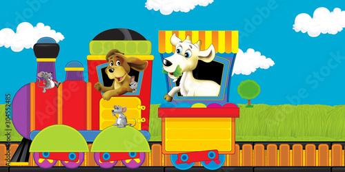 cartoon steam train on tracks with farm animals on white background space for text - illustration for children