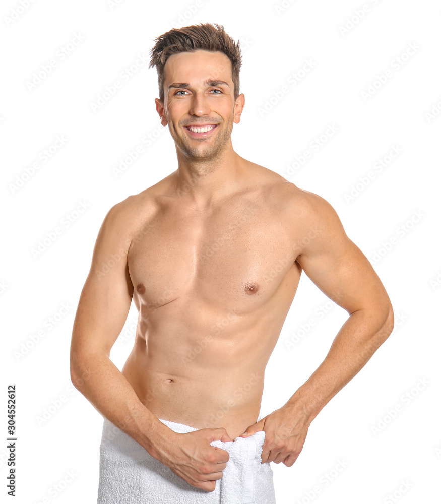Fototapeta premium Handsome young man after depilation on white background