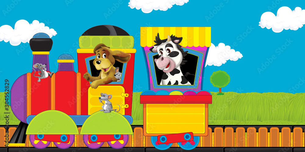 Fototapeta premium cartoon steam train on tracks with farm animals on white background space for text - illustration for children