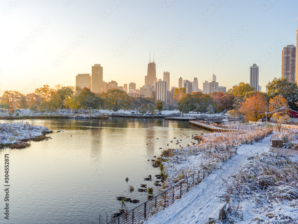 Fototapeta premium Chicago Lincoln Park fall foliage in snow