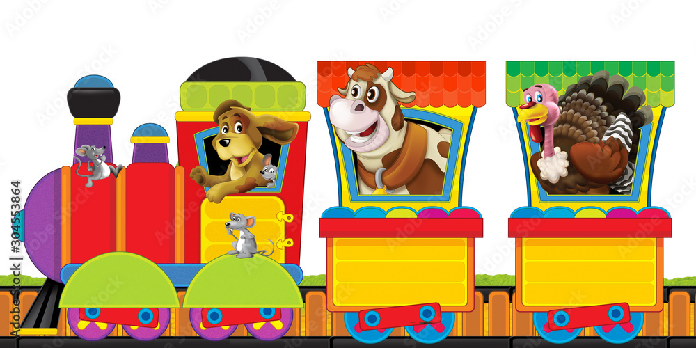 Naklejka premium cartoon steam train on tracks with farm animals on white background space for text - illustration for children