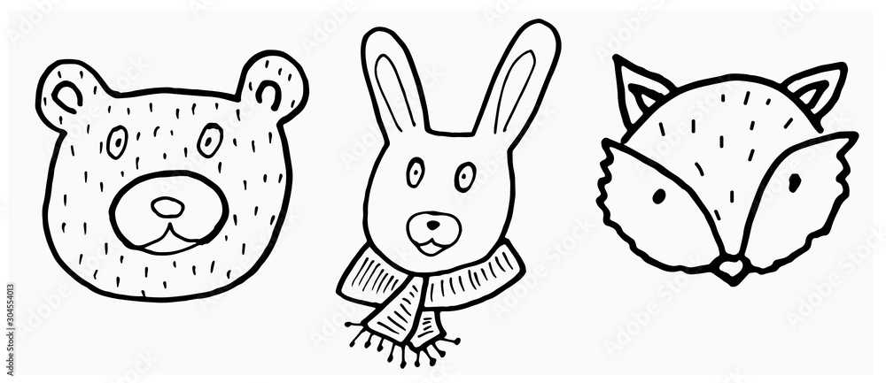 Black and white cute animals: bear, fox, and hare. Outline drawing illustration. Black and white cute animals: bear, fox, and hare. Outline drawing illustration.