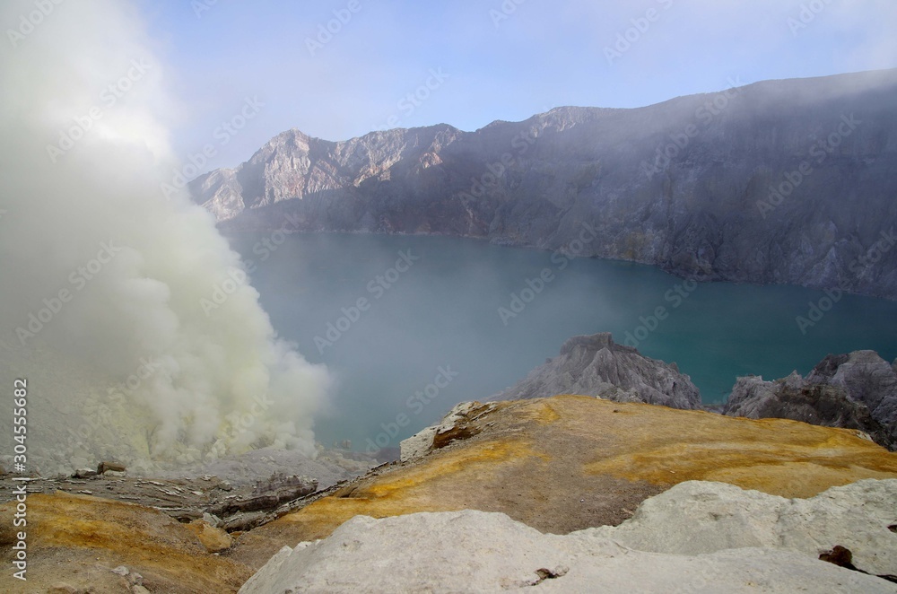 Crater lake of the Kawah Ijen volcano on the Java island in Indonesia