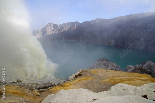 Crater lake of the Kawah Ijen volcano on the Java island in Indonesia