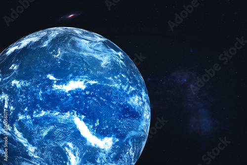 Fototapeta Naklejka Na Ścianę i Meble -  Neptune Planet of solar system with white atmosphere with far galaxy on the background. Twillight. Blue planet. Science fiction. Elements of this image were furnished by NASA 