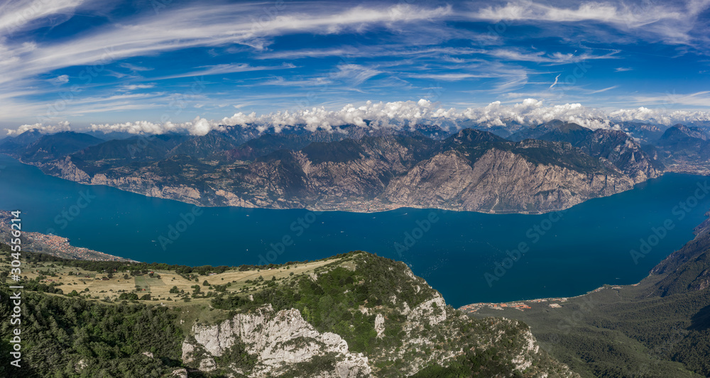 Aerial panaromic drone shot view of Lake Garda from Monte Baldo