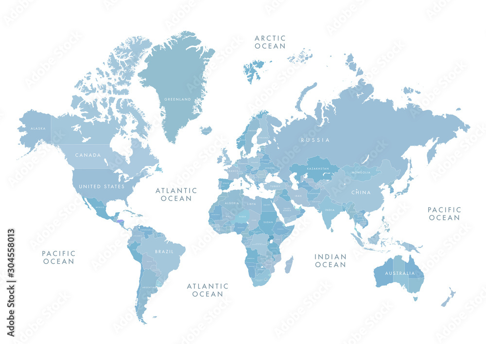 Naklejka Bardzo szczegółowa mapa świata z etykietami. Niebiesko-szary ilustracji wektorowych ...