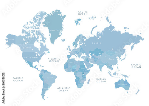 Highly detailed world map with labeling. Blue-gray vector illustration..