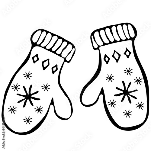 Mittens with pattern of snowflakes and rhombuses. Hand drawn vector illustration for design of wrapping paper, cards, posters, stickers, notebooks, textiles