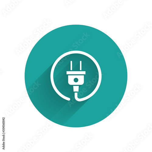 White Electric plug icon isolated with long shadow. Concept of connection and disconnection of the electricity. Green circle button. Vector Illustration