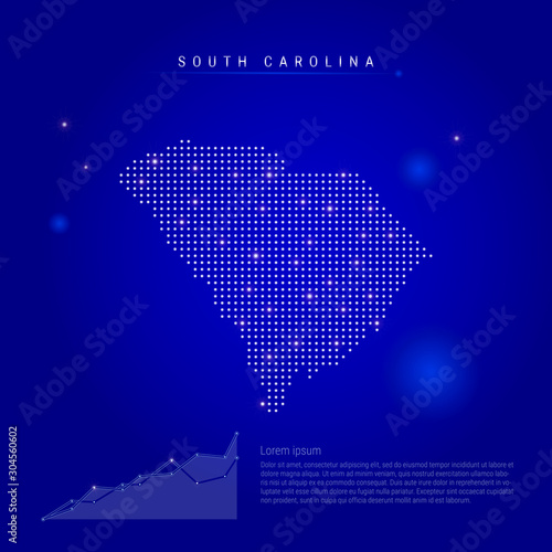 South Carolina US state illuminated map with glowing dots. Dark blue space background. Vector illustration