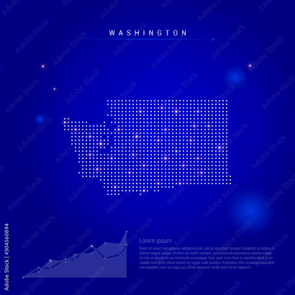 Washington US state illuminated map with glowing dots. Dark blue space background. Vector illustration