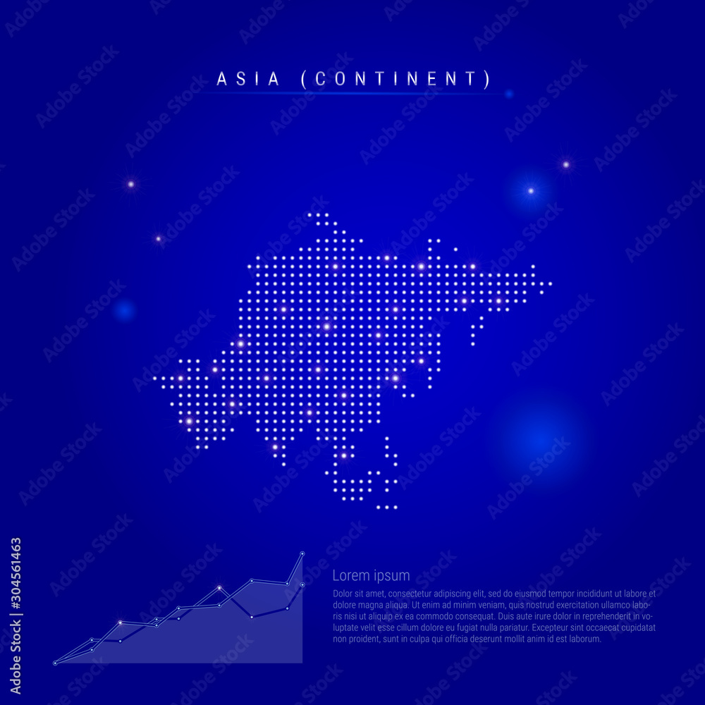 Asia illuminated map with glowing dots. Dark blue space background. Vector illustration