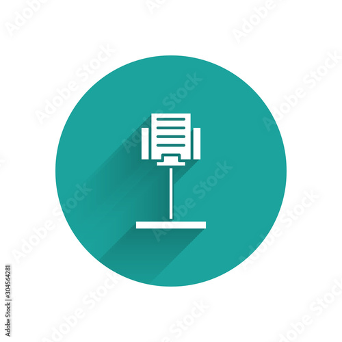 White Music stand icon isolated with long shadow. Musical equipment. Green circle button. Vector Illustration