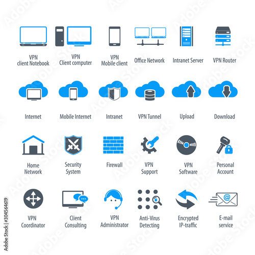 Virtual Private Network vector icons set. 24 VPN editable vector icons for video, mobile apps, Web sites and print projects.