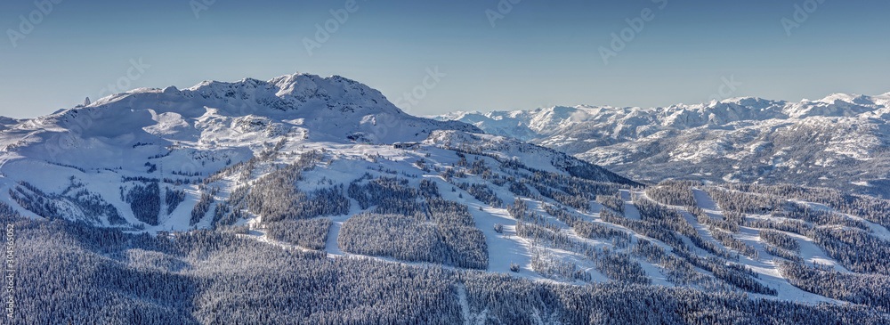 Panoramic view of Whistler Mountain Resort in Winter on a sunny day - obrazy, fototapety, plakaty 