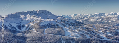 Panoramic view of Whistler Mountain Resort in Winter on a sunny day