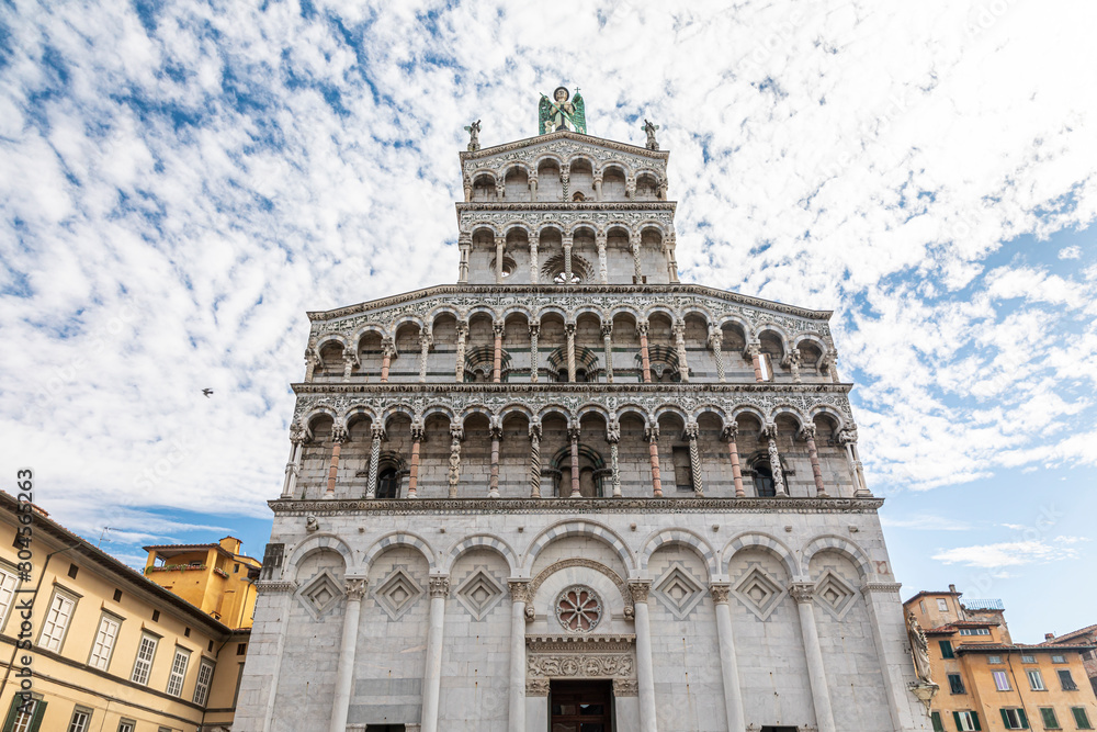 View of Chiesa di San Michele in Foro. Roman Catholic basilica church in Lucca, Tuscany, central Italy, built over the ancient Roman forum