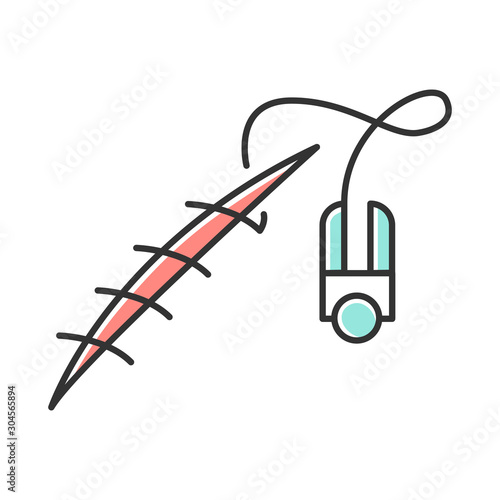Stitching color icon. Suture device. Medical surgical procedure. Wound treatment. First aid. Injury healing. Health care. Professional help with open cut and gash. Isolated vector illustration