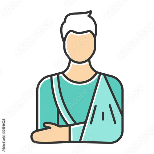 Orthopedic cast color icon. Fractured bone. Male patient with broken arm. Medical nonsurgical procedure. Injury treatment. Accident help. Trauma aid. Physical pain. Isolated vector illustration