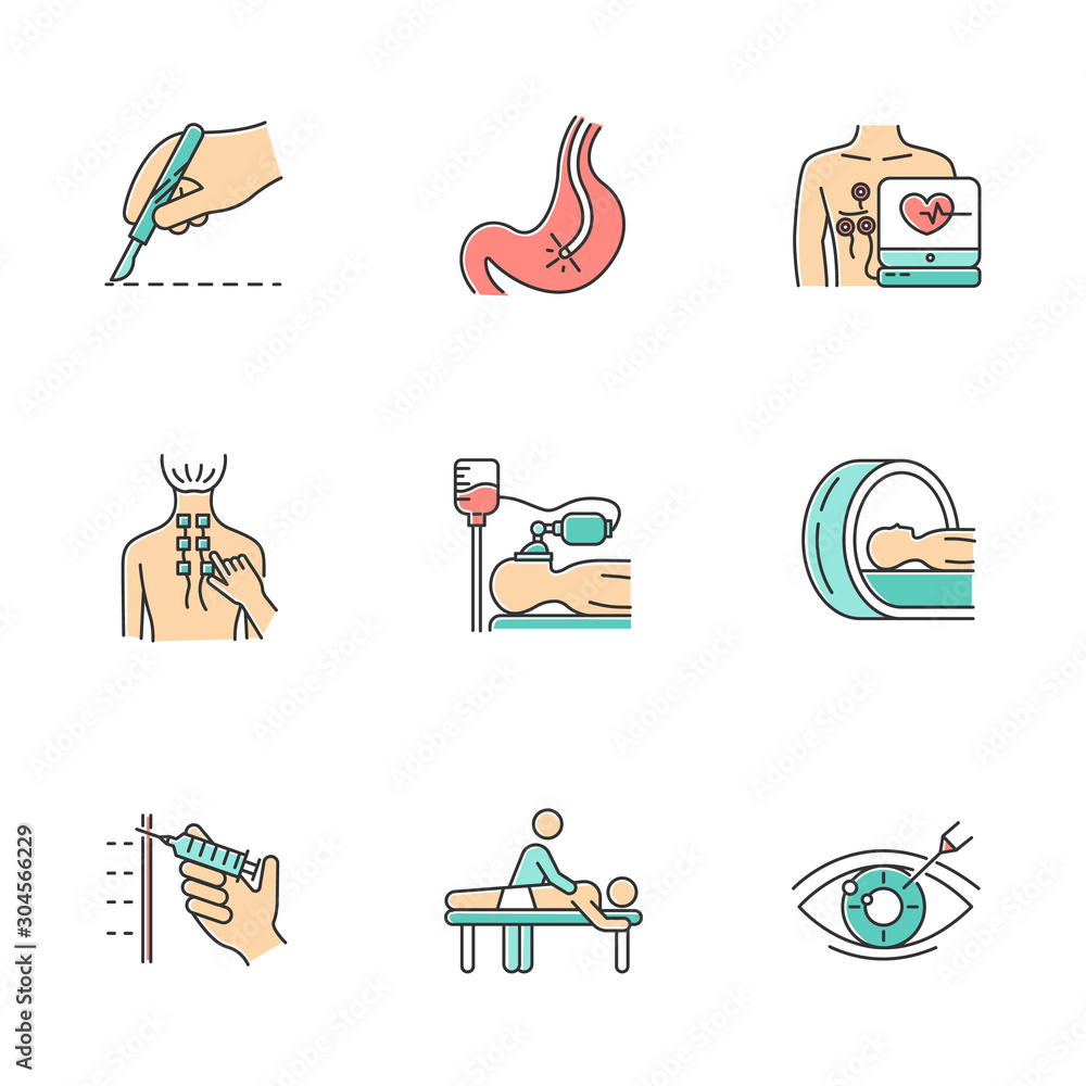 Medical procedures color icons set. Surgery. Endoscopy