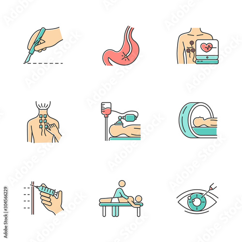 Medical procedures color icons set. Surgery. Endoscopy. Electrocardiogram. Physiotherapy. Anesthesia. Tomography for brain scan. Massage. Vision correction. Isolated vector illustrations