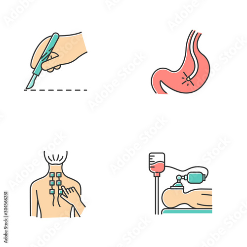 Medical procedures color icons set. Surgery. Endoscopy and gastroscopy. Digestive tract, stomach check. Physiotherapy. Back pain relief. Anesthesia. Clinical aid. Isolated vector illustrations