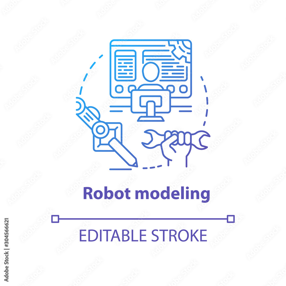 Robot modeling blue gradient concept icon. Creating computers idea thin line illustration. Making design of electronics, devices. Developing robotics. Vector isolated outline drawing. Editable stroke Robot modeling blue gradient concept icon. Creating computers idea thin line illustration. Making design of electronics, devices. Developing robotics. Vector isolated outline drawing. Editable stroke