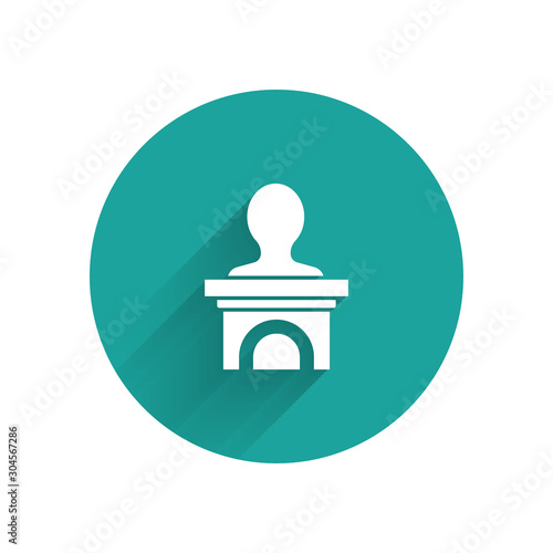 White Stage stand or debate podium rostrum icon isolated with long shadow. Conference speech tribune. Green circle button. Vector Illustration