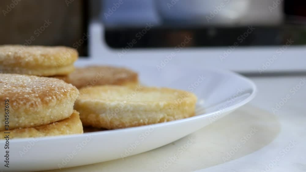 Homemade Cookies On White Plate Close Up Panning Slider Shot. Homemade Cookies On White Plate Close Up Panning Slider Shot.