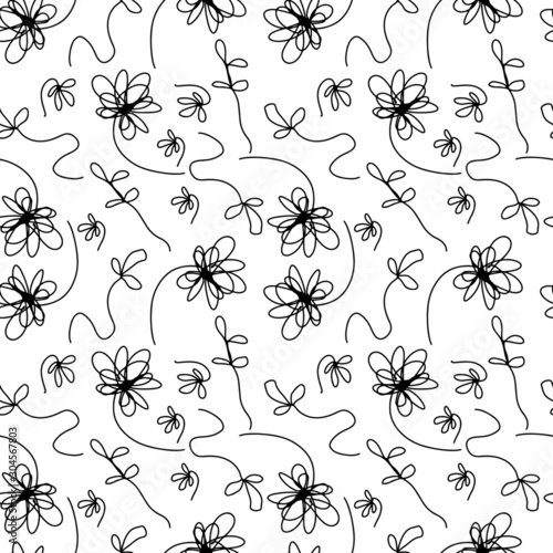 Abstract simple trendy seamless pattern.  Black and white floral print in one line style. Drawn different blossom flowers. Modern textile, packaging, wrapping paper, fabric, fashion.