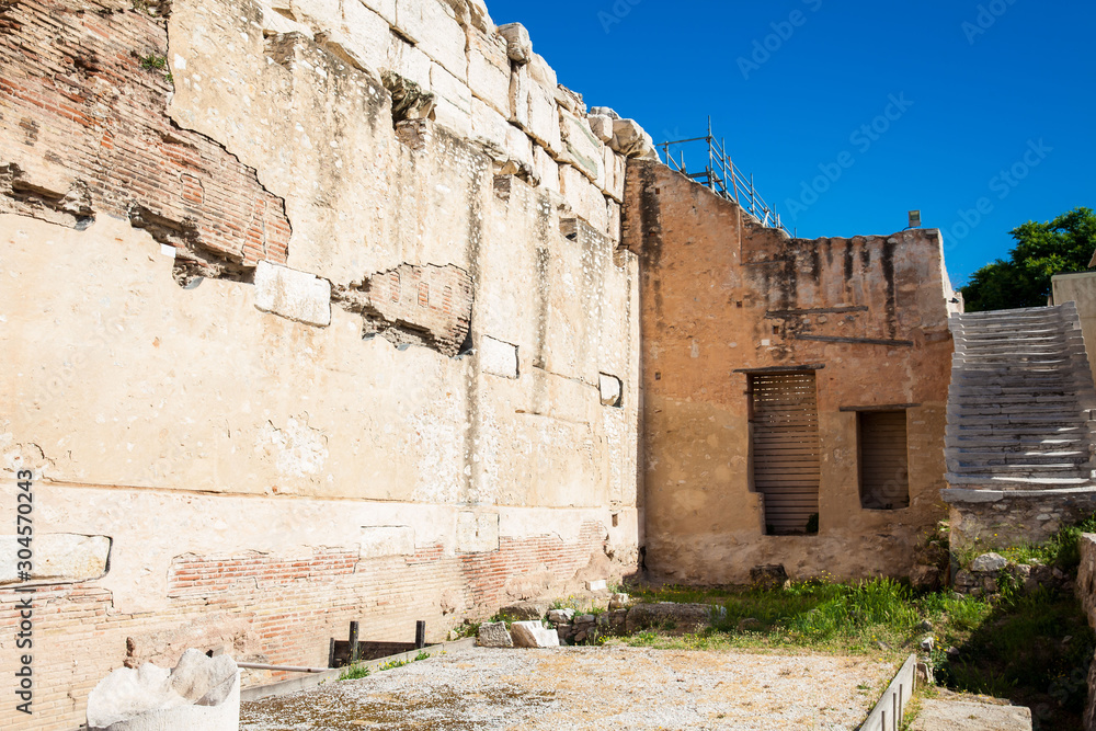 Ruins of the Hadrian Library at the center of the Athens city in Greece