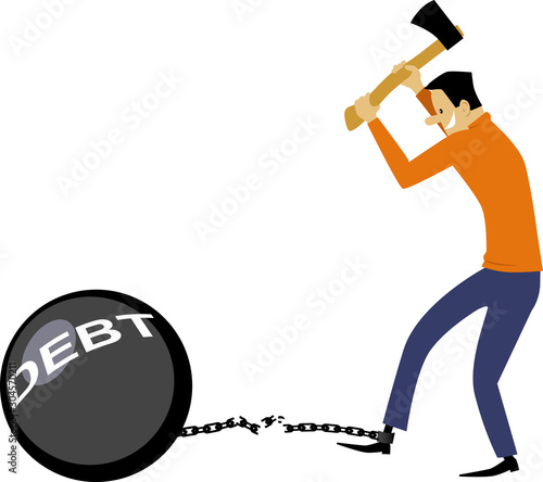 Man hacking off a ball of debt attached to her ankle with a chain, EPS 8 vector illustration