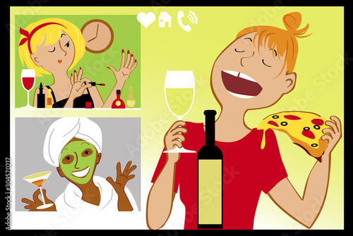 Three young women having a girls' night in via video chat, EPS 8 vector illustration