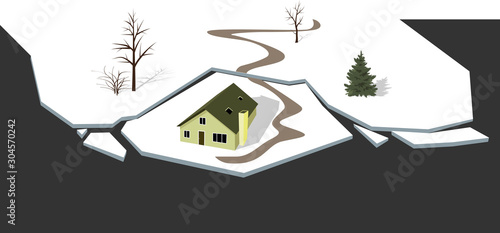A house on a broken ice float during the flood in spring , EPS 8 vector illustration