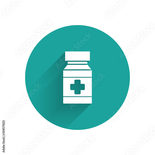 White Dog medicine bottle and pills icon isolated with long shadow. Container with pills. Prescription medicine for animal. Green circle button. Vector Illustration