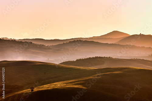 Tuscan hills at sunrise. Typical rural landscape. Tuscany  Italy