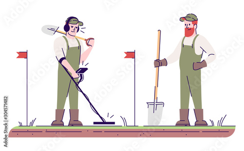 Field survey flat vector illustration. Start archeological study. Relic seekers with metal detector and shovel isolated cartoon characters with outline elements on white background