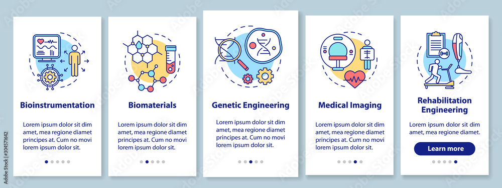 Bioengineering onboarding mobile app page screen with linear concepts. Medical imaging. Bioinstrumentation. Five walkthrough steps graphic instructions. UX, UI, GUI vector template with illustrations