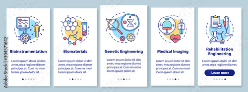 Bioengineering onboarding mobile app page screen with linear concepts. Medical imaging. Bioinstrumentation. Five walkthrough steps graphic instructions. UX, UI, GUI vector template with illustrations