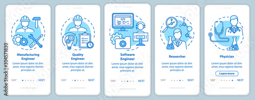 Bioengineering jobs onboarding mobile app page screen with linear concepts. Five walkthrough steps graphic instructions. Researcher and physician. UX, UI, GUI vector template with illustrations