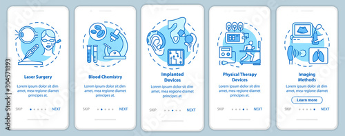 Biomedical engineering onboarding mobile app page screen with linear concepts. Blood chemistry. Five walkthrough steps graphic instructions. Laser surgery. UX, UI, GUI vector template, illustrations