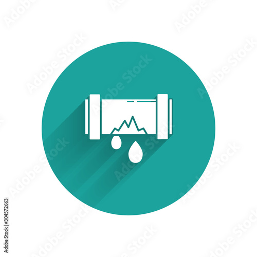 White Broken metal pipe with leaking water icon isolated with long shadow. Green circle button. Vector Illustration