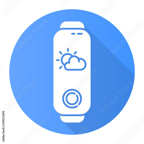 Fitness device with weather forecast function blue flat design long shadow glyph icon. Portable active lifestyle gadget with meteorology indicator on display. Vector silhouette illustration