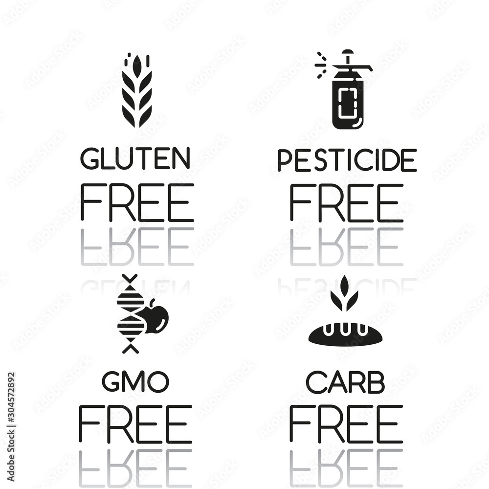 Product free ingredient drop shadow black glyph icons set. No gluten, pesticide, gmo, carb. Organic healthy food. Dietary without allergens and sweeteners. Isolated vector illustrations Product free ingredient drop shadow black glyph icons set. No gluten, pesticide, gmo, carb. Organic healthy food. Dietary without allergens and sweeteners. Isolated vector illustrations
