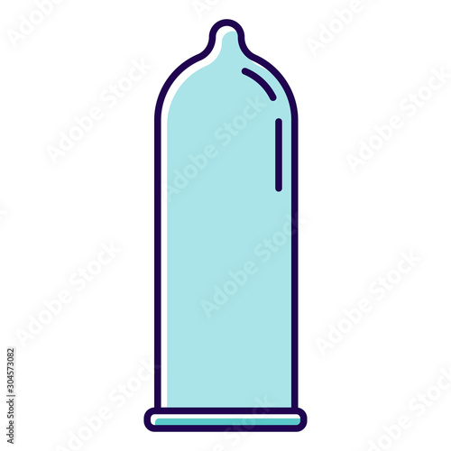 Contraceptive blue color icon. Male latex condom. Rubber preservative for safe sex. Pregnancy prevention. Birth control. Sexually transmitted infection protection. Isolated vector illustration